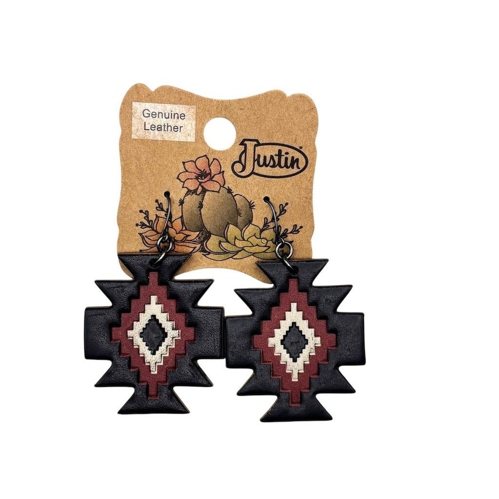 Justin Aztec Design Leather Dangle‎ Earrings Multicolor Southwestern